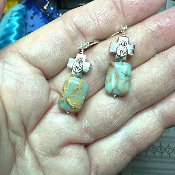 Silver Mother and Child Earrings Blue Opal Jasper Silver Filled Leverbacks - Picture 5 of 11